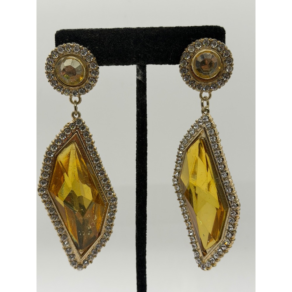 Gold Tone Amber Yellow Crystal Rhinestone Geometric Drop Statement Earrings